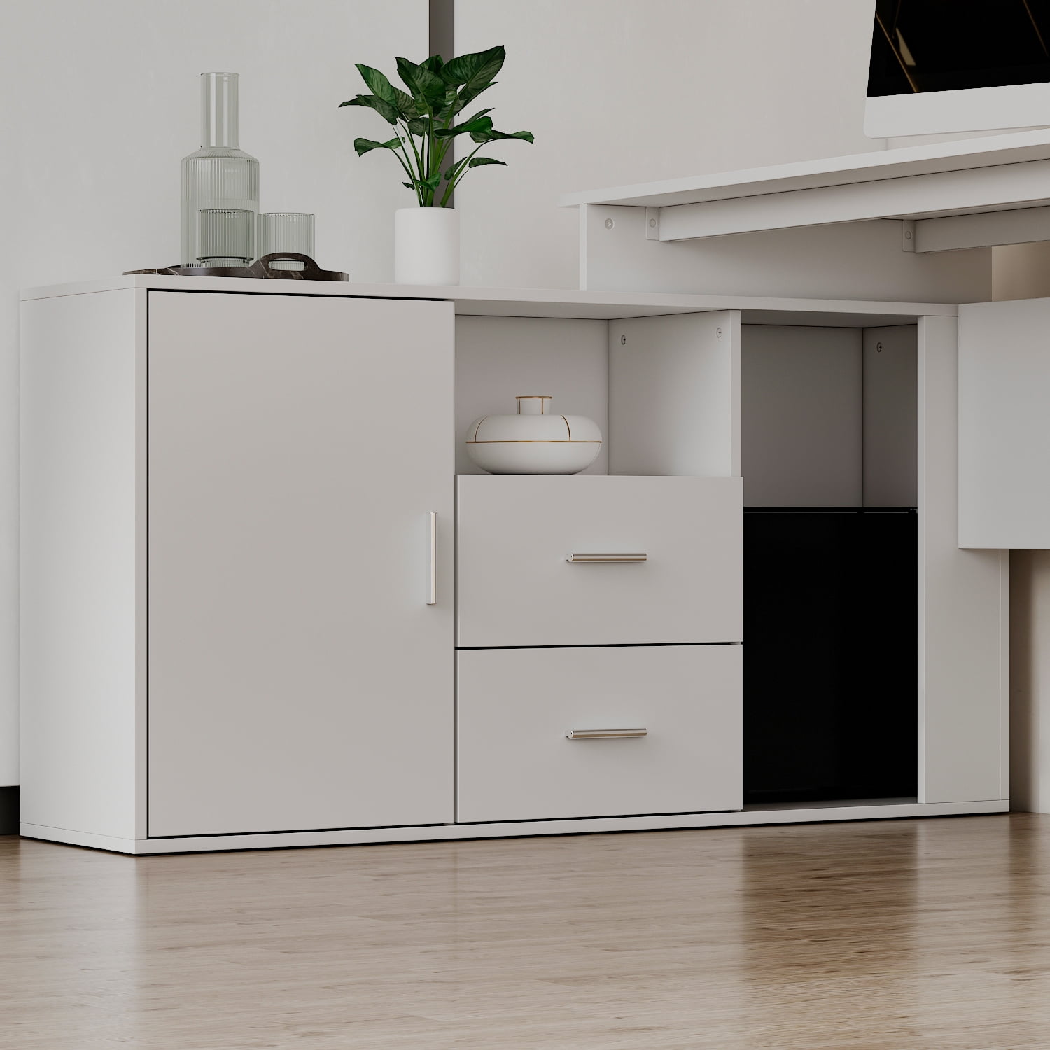 MONSLIPA 55" L Shaped Desk Computer Desk with Storage Shelf and Drawers, Gaming Table Writing Desk for Home Office