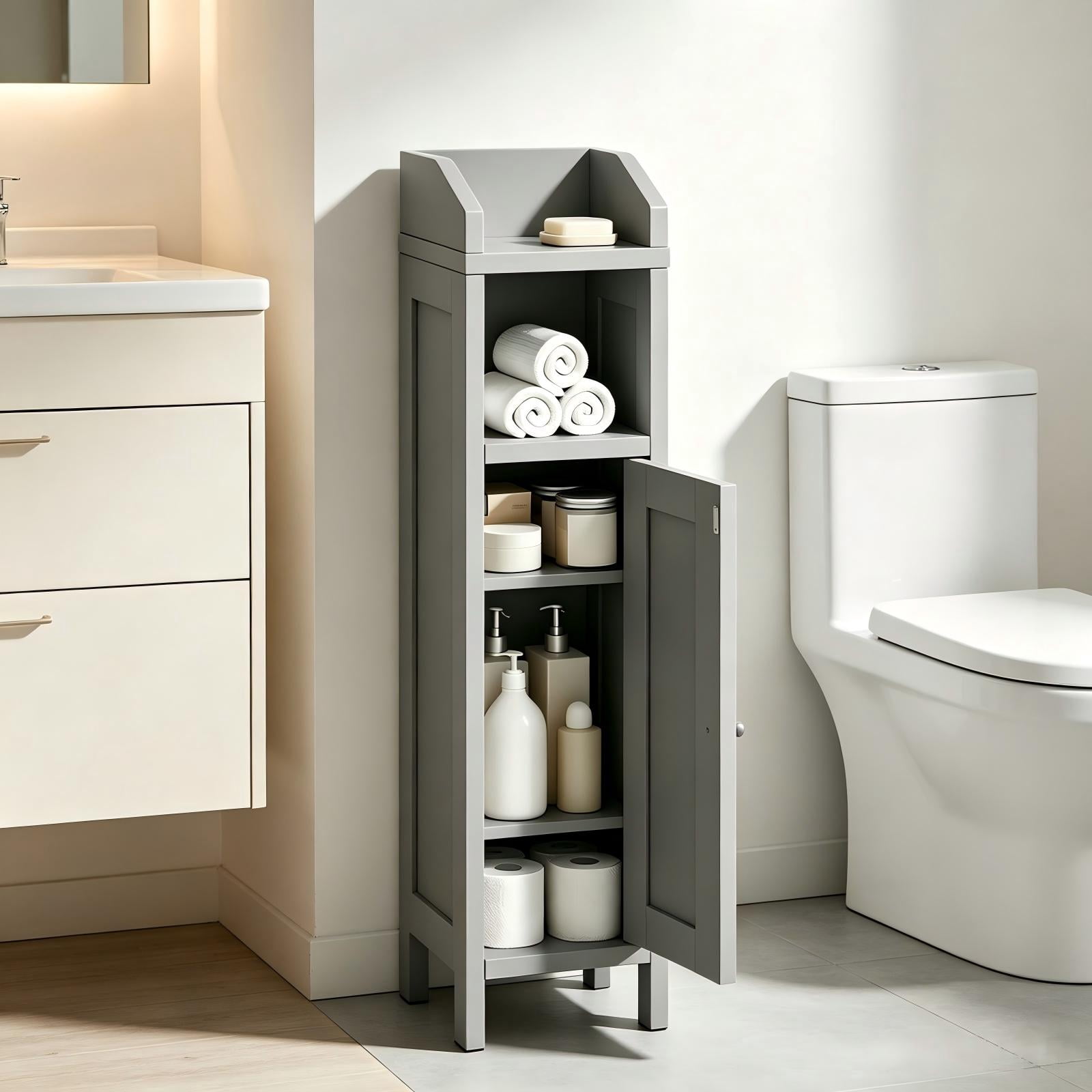 Grey Bathroom Floor Cabinet with Door and Shelf, 7.87 x 7.87 x 31.5 in