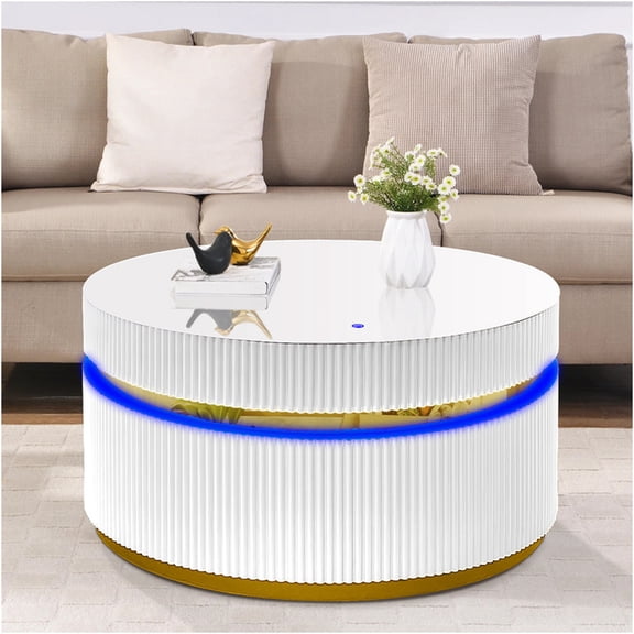 JERFIT 39 inch Round LED Coffee Table with Glass Top, 4 Color Modes, Modern White End Table for Living Room