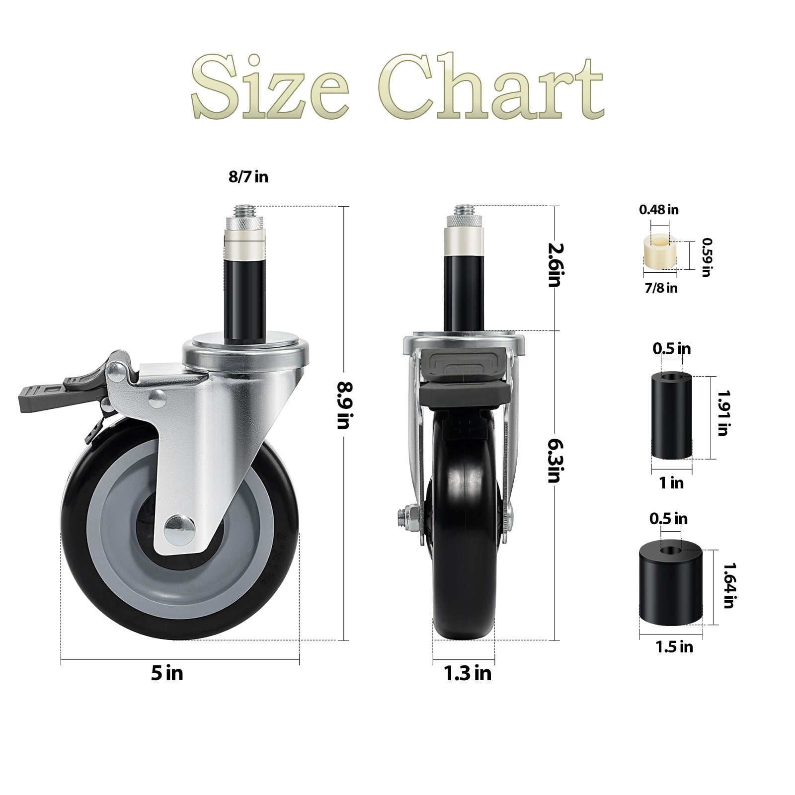 SHZOND 5Inch Swivel Caster Wheels Set of 4, Heavy Duty Casters with Double Lock Brake, Expanding Stem Casters for Table, Tool Cabinet, Cart, Workbench and Trolley-Max Load Capacity 1600 LBS