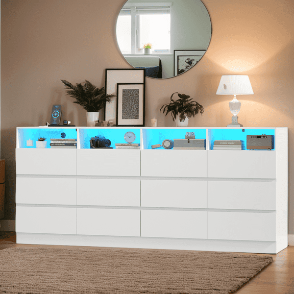 6-Drawer White Dresser with Charging Station & LED Lights, 63" Long Double Dresser TV Stand with 12 Storage Compartments & 4 Open Cubbies, Wide Modern Dresser Cabinet for Bedroom, Fits up to 75" TV