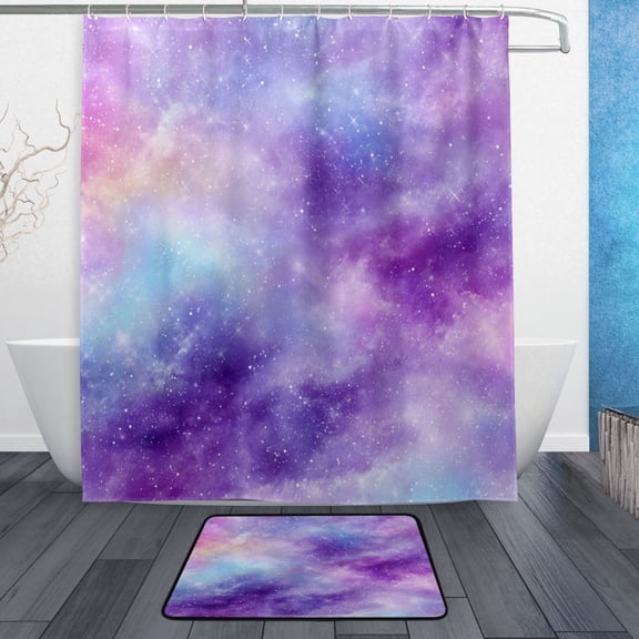 TTYFWHD 60" x 72" Shower Curtain and Bath Mat Set Twinkling Violet Starscape Waterproof Bathroom Curtain with 12 Hooks, Bathroom Decor Set