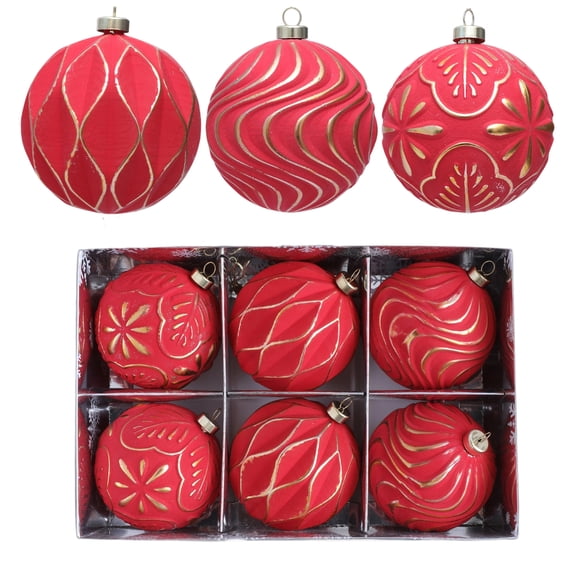 Christmas Tree Ornaments, Christmas Ornaments Set, Red and Gold Party Decorations, Decorative Hanging Ornaments, 6Pc 3 Inch Diameter Matte Red Satin Christmas Balls with Etched
