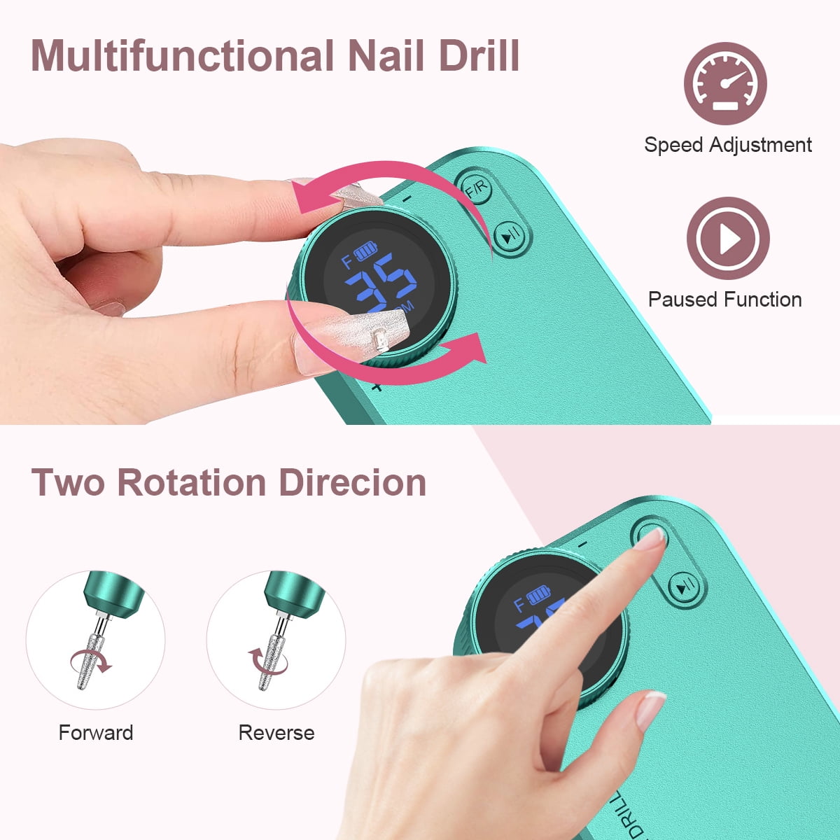 M MISS DREAM Electric Nail Drill Professional, Portable Nail File for Acrylic Gel Nails, Cordless Rechargeable Nail Drill 35000RPM, 16 in 1 kit, Salon-Grade Efile Nail Machine.Green