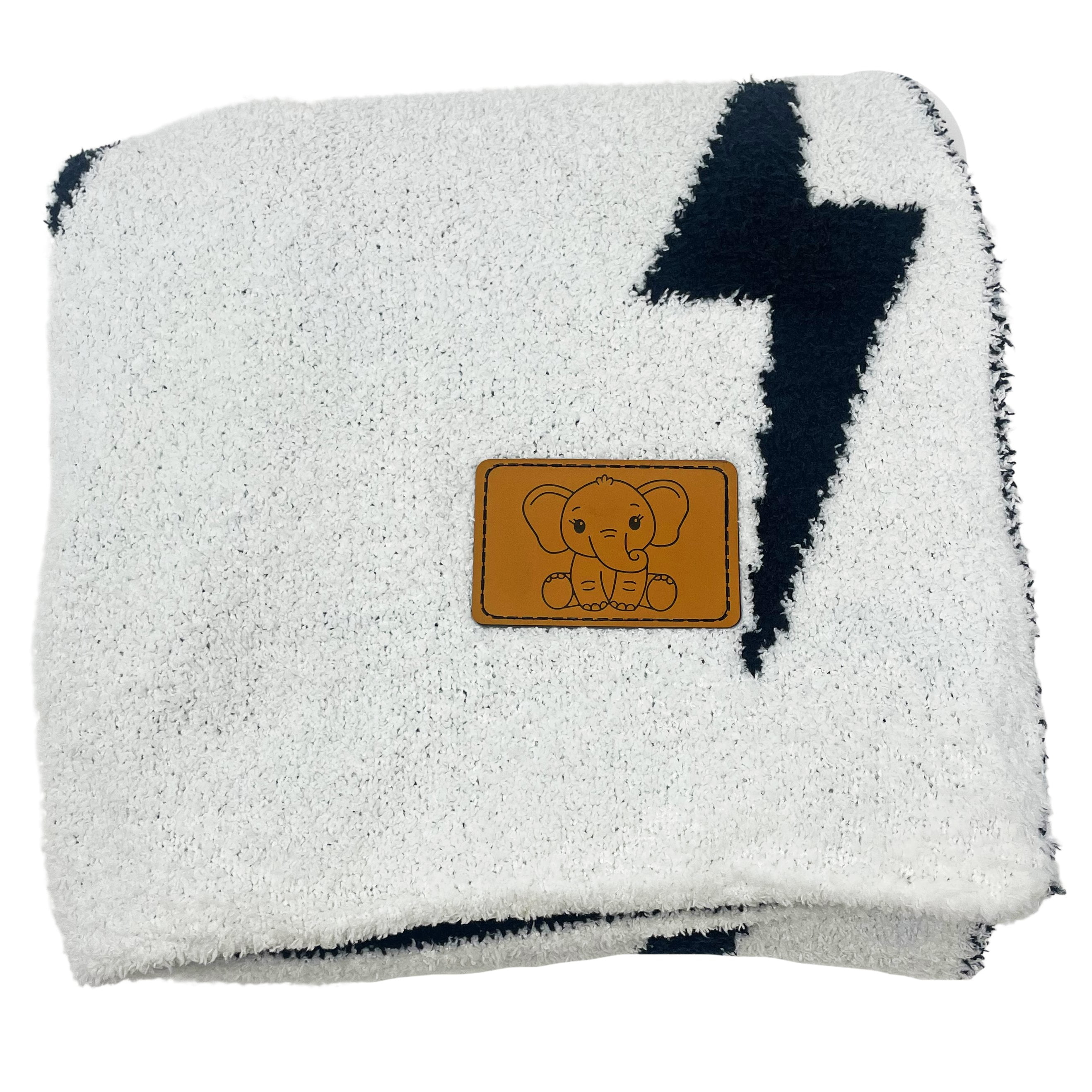 Lightning Bolt Baby Blanket 28"x40" with Leather Patch - Soft Knitted Throw - Receiving Blanket/Newborn Gift Essential for Nursery Black/White