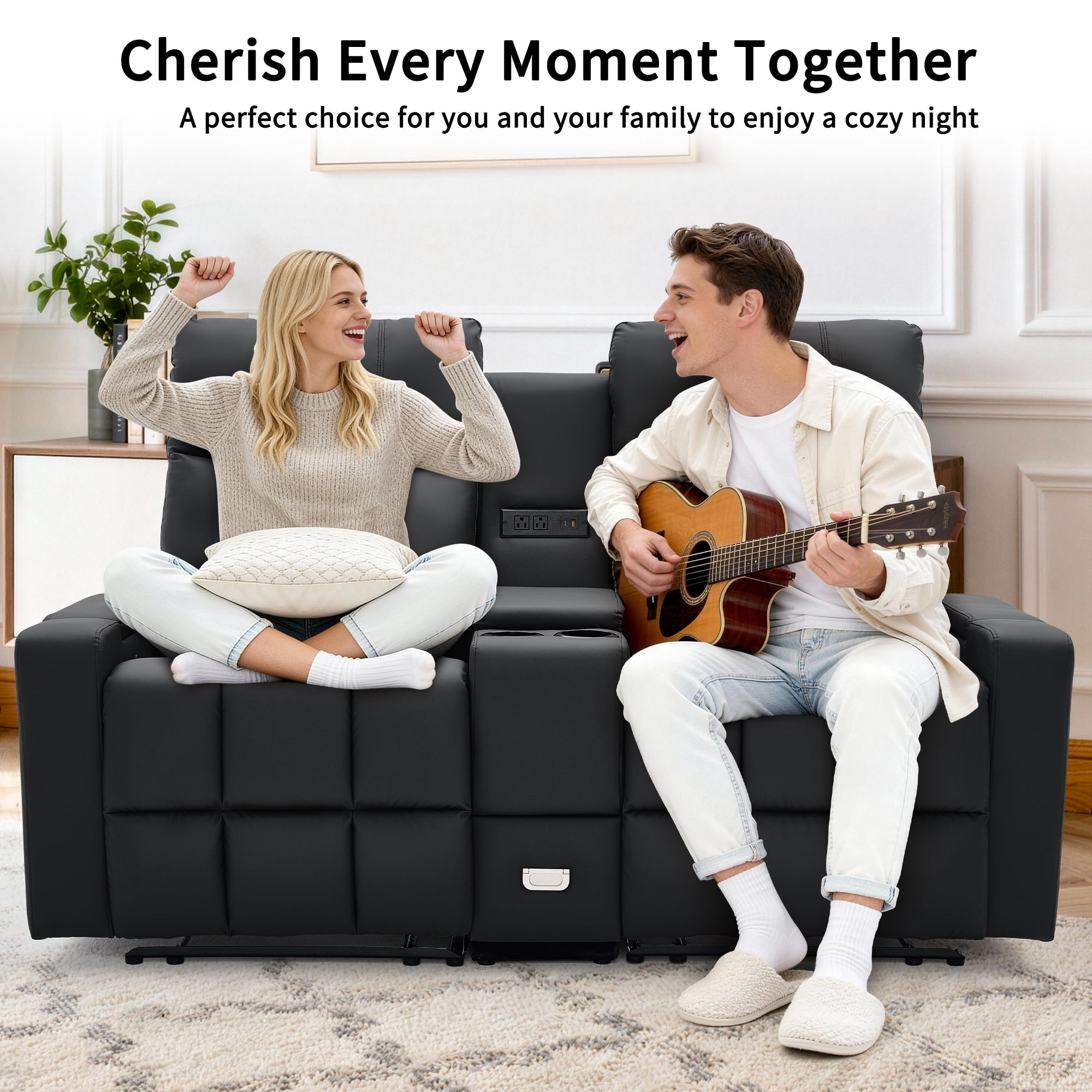 Korser Reclining Loveseat with Cup Holders,2-Seater Recliner Sofa with USB Ports & Type C Double Manual Recliner Chair for Living Room,Faux Leather,Black
