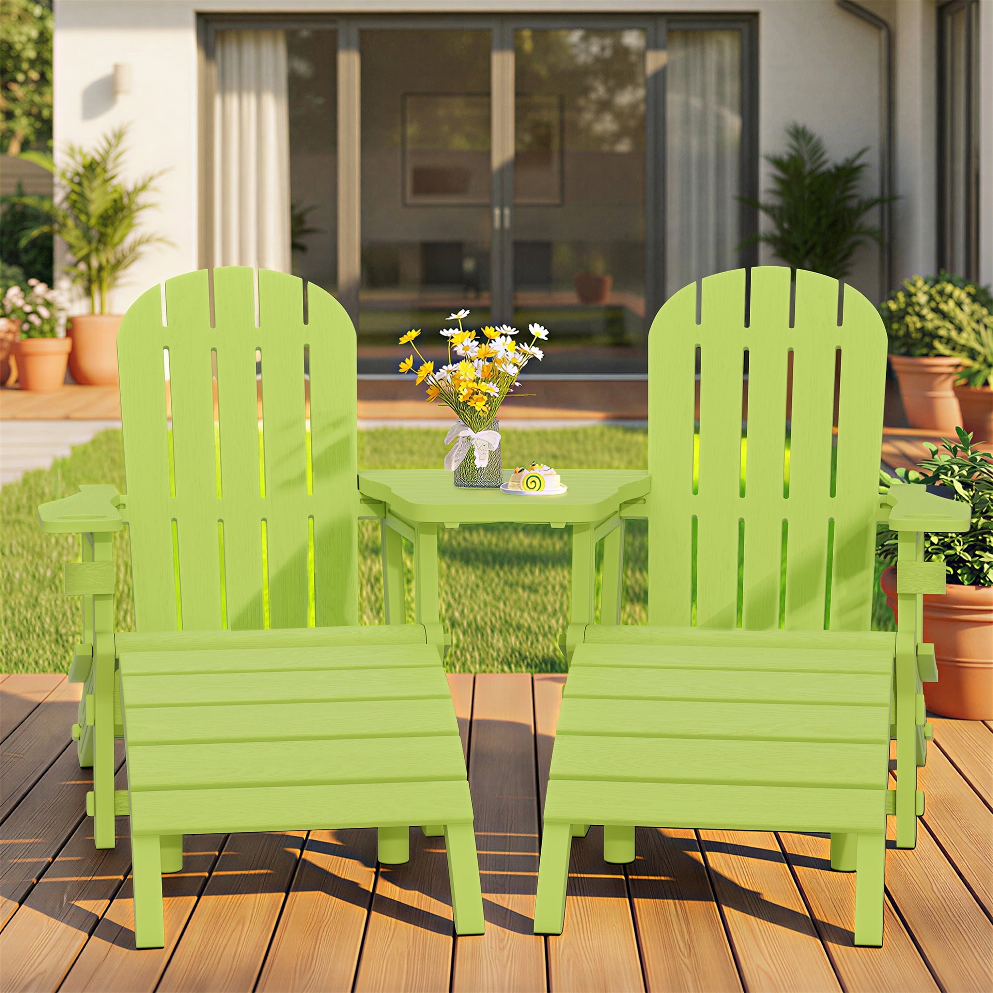 Walsunny Adirondack Chairs Set of 2 HDPE Outdoor Chair Set with Connecting Tray Cup Holder Removable Tabletop Pull-Out Footrest,All-Weather HDPE Outdoor Chair Set,Green