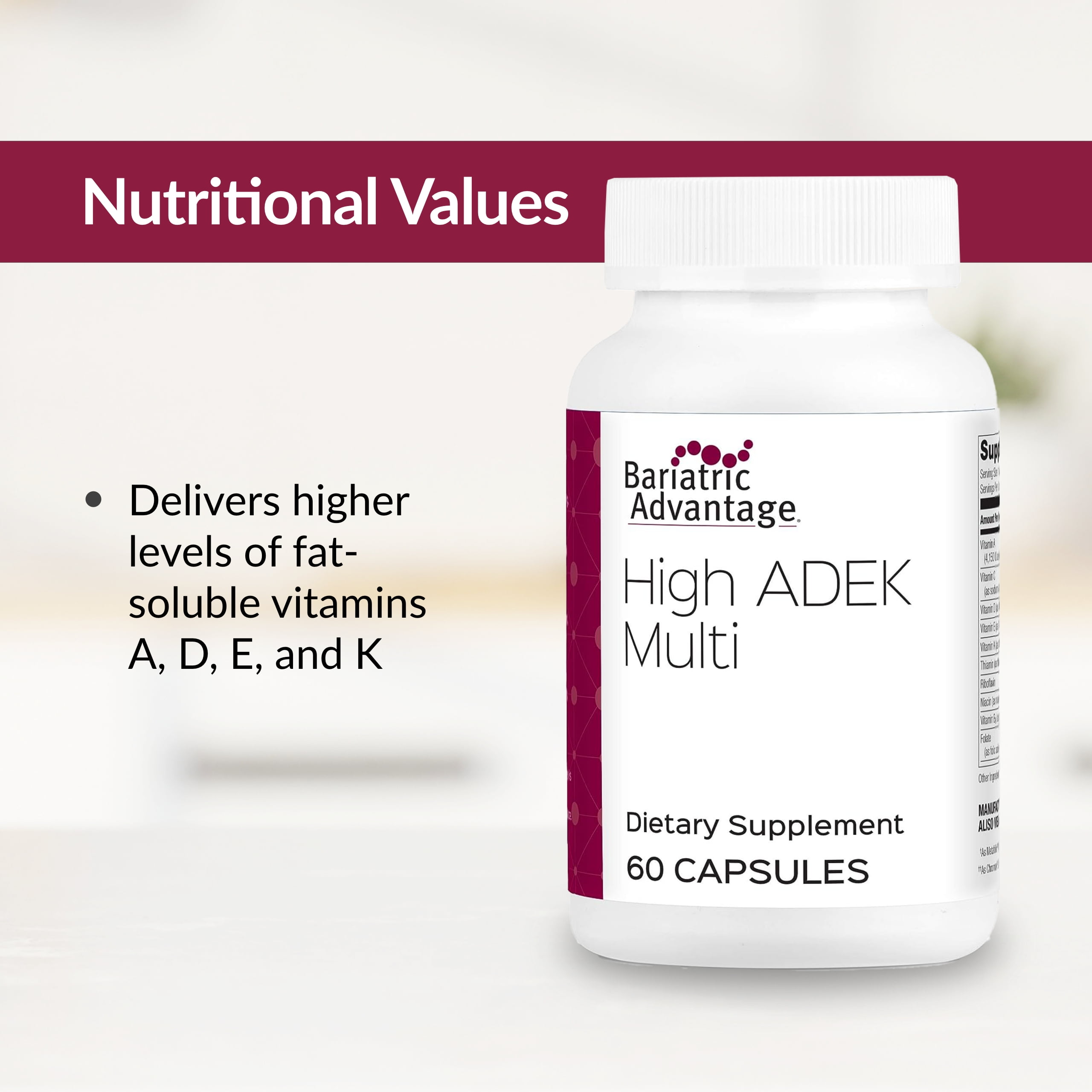 Bariatric Advantage High ADEK Multi - For Bariatric Surgery Patients - Multivitamin with Vitamins A, D, E, K & Trace Minerals - 100%+ DV of ADEK - 60 Capsules