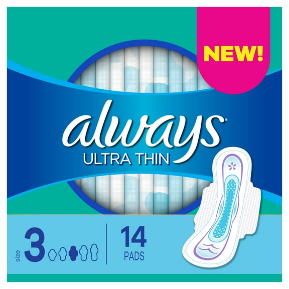 Always Ultra Thin Pads with Wings, Super Absorbency, Extra Long, Unscented, Size 3, 14 Ct