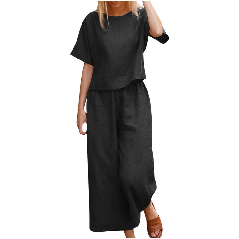 Xysaqa Summer 2 Piece Elegant Outfits for Women Casual Short Sleeve Shirts  + Wide Leg Cropped Linen Pants Tracksuit Set 