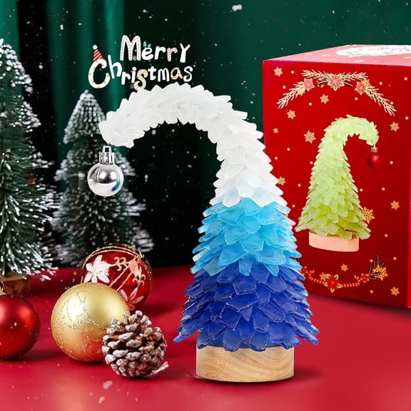 Sinkoo Crooked Sea Glass Christmas Tree with LED Lights, Handcrafted Mini Christmas Tree, Ideal for Christmas, New Year, Coastal Holiday Decor & Gifts, Versatile Home Decor (Blue Gradient)