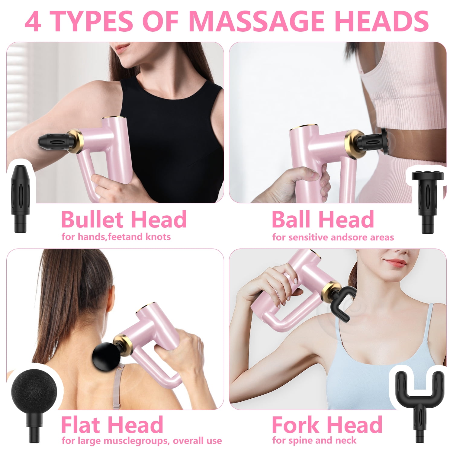 Syenll Massage Gun, Massage Gun Deep Tissue, Percussion Massage Gun with 4 Heads and 6 Speeds, Handheld Massager for Athletes Pain Relief, Pink
