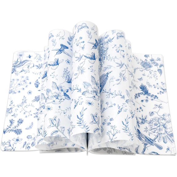 150Pcs Blue Floral Wax Paper Chinoiserie Bird Flower Deli Wrap Sandwich Wrap Tissue Waterproof Oil-Proof Picnic Liners for Party Kitchen Supplies, 9.8 x 8.3 Inch