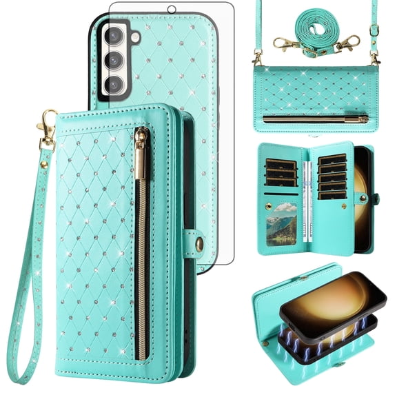 Phone Case for Samsung Galaxy S23 Plus S23 5G Zipper Wallet Detachable Cell Cover with Tempered Glass Screen Protector Crossbody Lanyard Strap Bling Glitter Flip Card Holder Slot S23plus S 23 Green