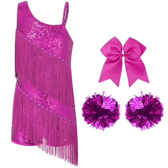 dPois Girls Fringed Bodysuit Sequins Latin Dance Dress Leotard with Accessories Tassel Hem Tutu Hot Pink 16