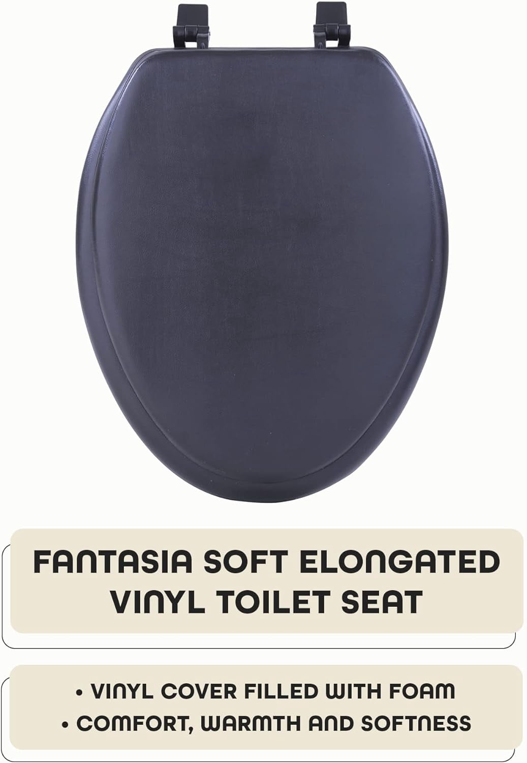 Vinyl Soft Close Elongated Toilet Seat, Adjustable Hinges Toilet Seats with Non Slip Grip Tight Bumpers, Oval Shape Heavy Duty Plastic Bathroom Toilet Seat and Lid Set, Black