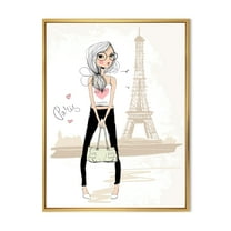 Designart 'Cute Girl By The Tour Paris Eiffel Tower' Children's Art Framed Canvas Wall Art Print