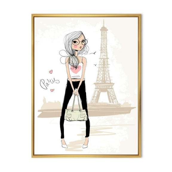 Designart 'Cute Girl By The Tour Paris Eiffel Tower' Children's Art Framed Canvas Wall Art Print