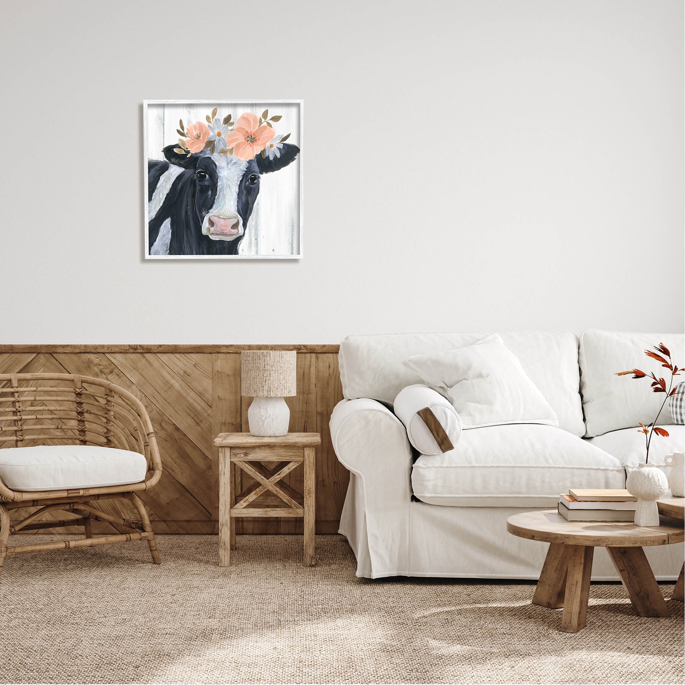Pink Blossoms Cow Portrait Animals & Insects Graphic Art White Framed Art Print Wall Art