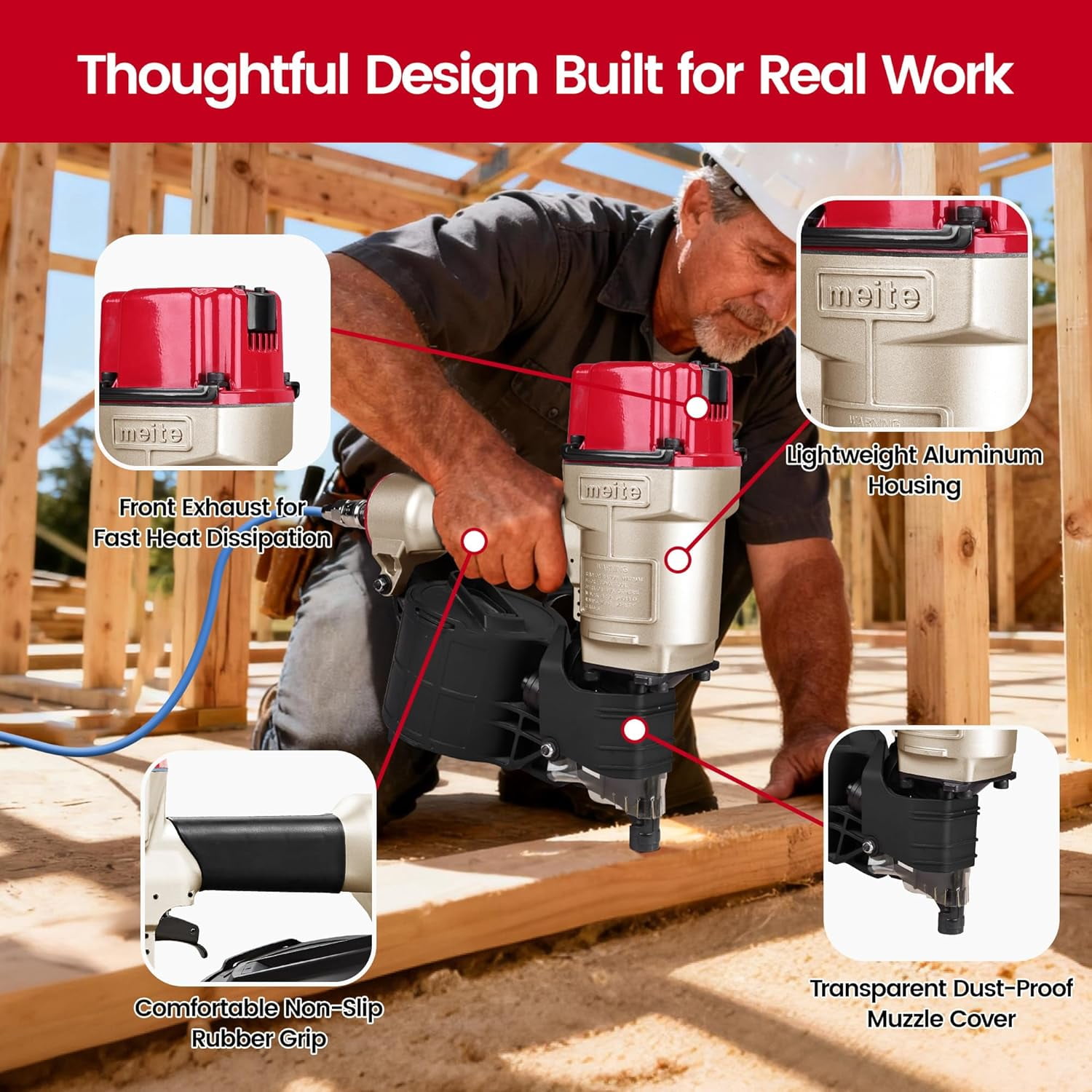 MEITE CN80B Pneumatic Coil Siding Nailer 15 Degree 2" to 3-1/4" Industrial Coil Nail Gun