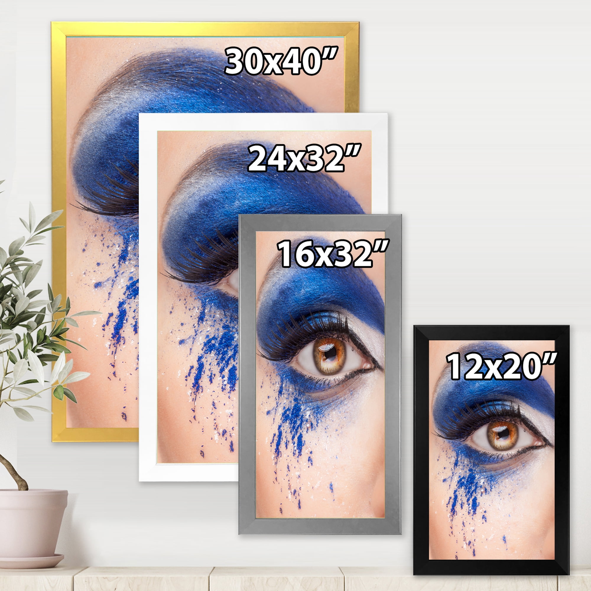 Designart 'Close Up Of Brown Eye With Blue Fantasy Make Up' Modern Framed Art Print