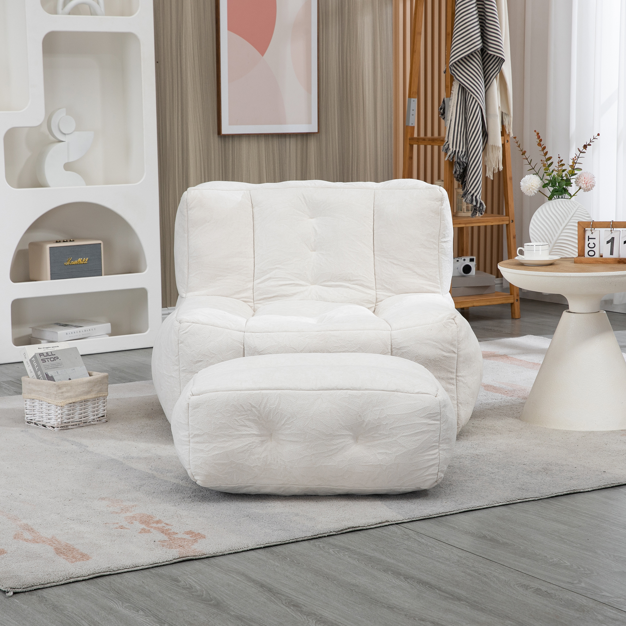 DEALTOPS Fluffy Bean Bag Chair with Ottoman for Adults & Teens, Super Soft Lazy Sofa Chair with Memory Foam for Living Room, Bedroom, Apartment-White