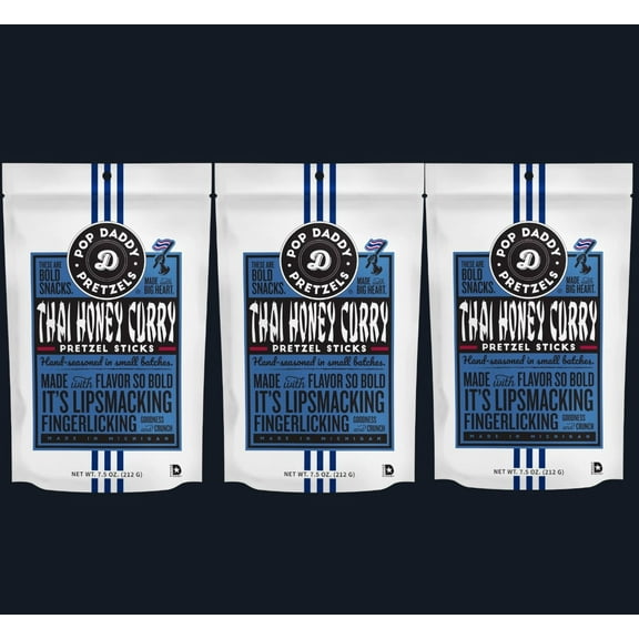 Pop Daddy Pretzels Sticks, Thai Honey Curry, 7.5oz Bags, Pack of 3