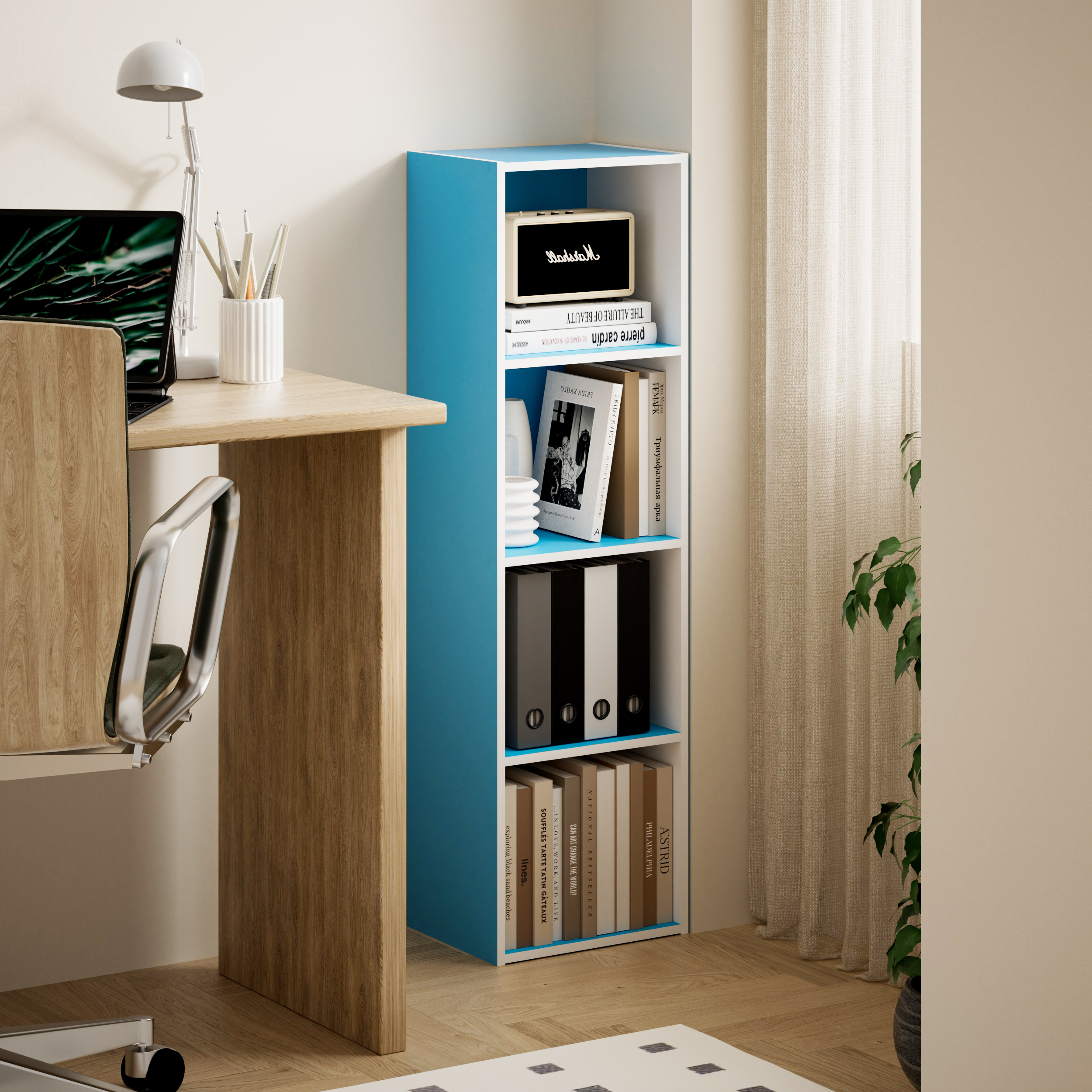 HOMLUX 9" x 12" x 42" Storage Shelf 4 Tier Cube Bookcase, Suitable for Small Space, White & Blue