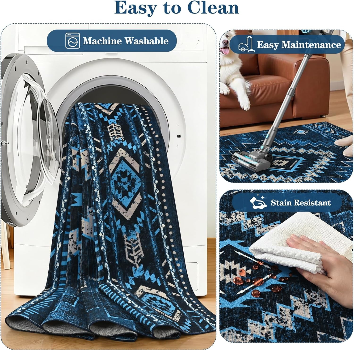 Bleum Cade Moroccan Bathroom Rug,Western Washable 2x3 Small Bath Mat, Boho Tribal Soft Non-Slip Geometric Entry Way Rug, Low-Pile Indoor Carpet for Bedside Entrance Laundry,Blue