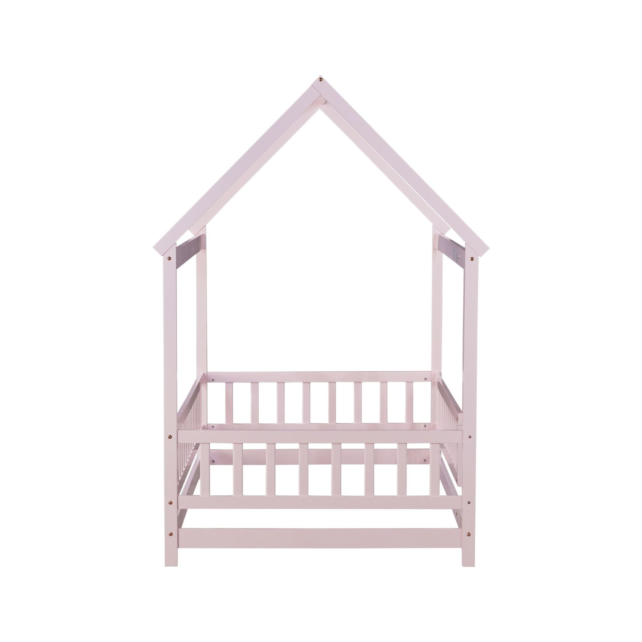 Noble House Gaiety Twin Size House Floor Bed for Kids, Rubber Wood Frame with Roof and Fence Guardrails, Pink
