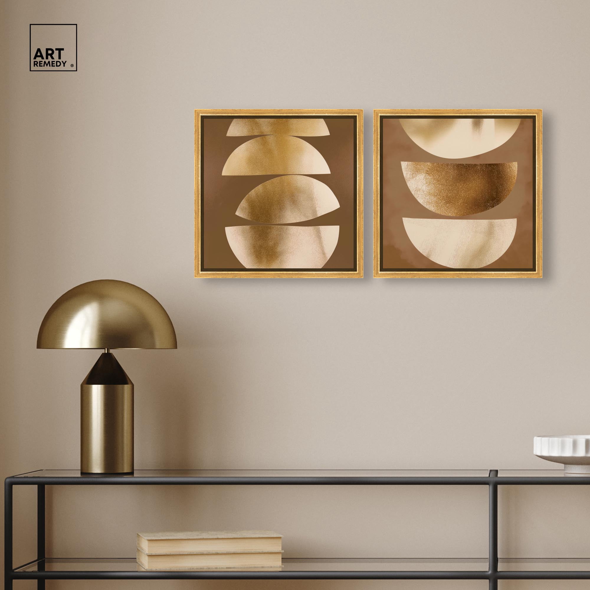 Gold Crescents Diptych Canvas Print Beige Wall Decor Set by Art Remedy, Gold Frame, 12 x 12