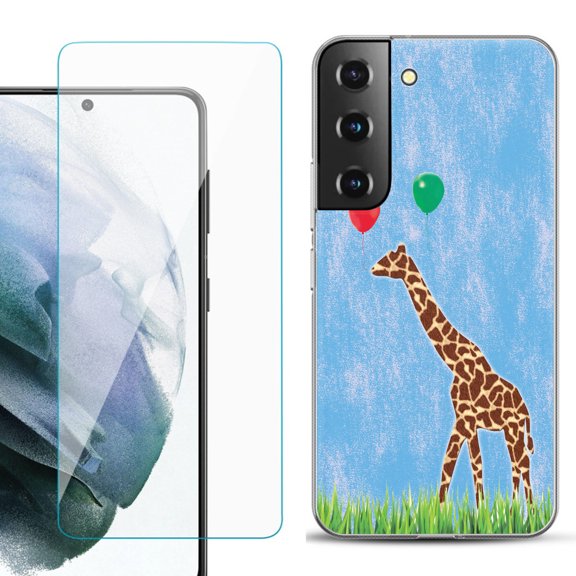 Slim-Fit TPU Fashion Phone Case for Samsung Galaxy S22 5G, with Tempered Glass Screen Protector, by OneToughShield ® - Giraffe/Balloon