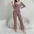 thumbnail image 2 of ManxiVoo Ribbed Knit Pajama Set Soft Pullover Top and Relaxed Fit Pants for Women Cozy Loungewear L Size Pink, 2 of 5