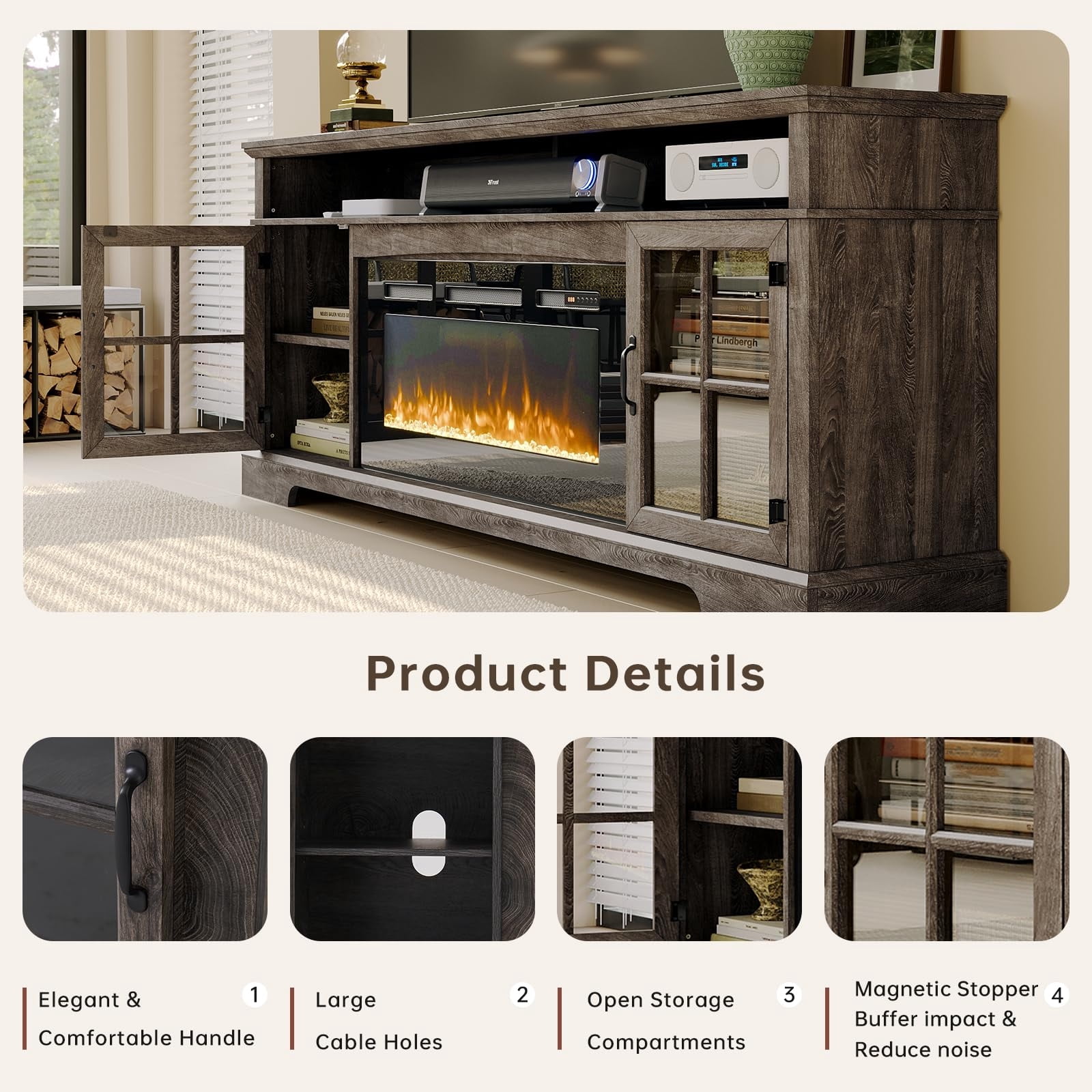 Sunmthink Farmhouse TV Stand with 36" Fireplace for TVs up to 80", 70" Media Entertainment Center with Adjustable Shelves and Large Storage Cabinets, for Living Room, Gray