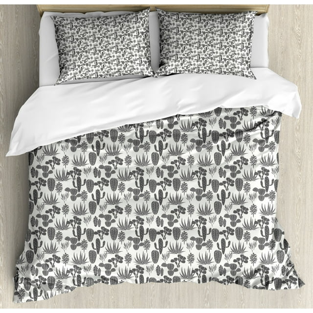 Cactus Duvet Cover Set King Size, A Pattern of Cacti Plant Silhouettes Greyscale Succulent Arrangement Desert Flora, Decorative 3 Piece Bedding Set with 2 Pillow Shams, Grey Ivory, by Ambesonne
