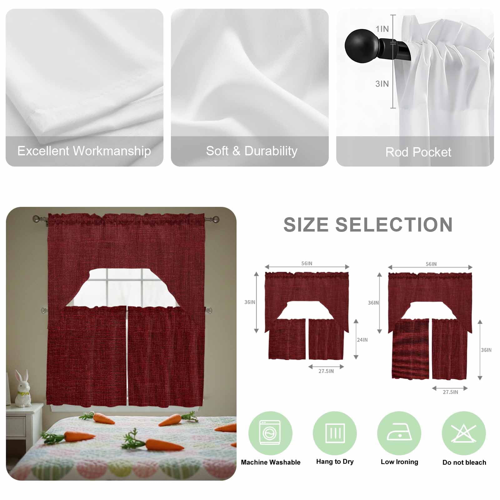 Wine Red Linen Swag Curtains Valance & Tier Set, Farmhouse Pure Color Country Farm 3 Pcs Set Kitchen Swag Valances and Tiers 24 Inch Length Rod Pocket Curtain Drapes for Bedroom