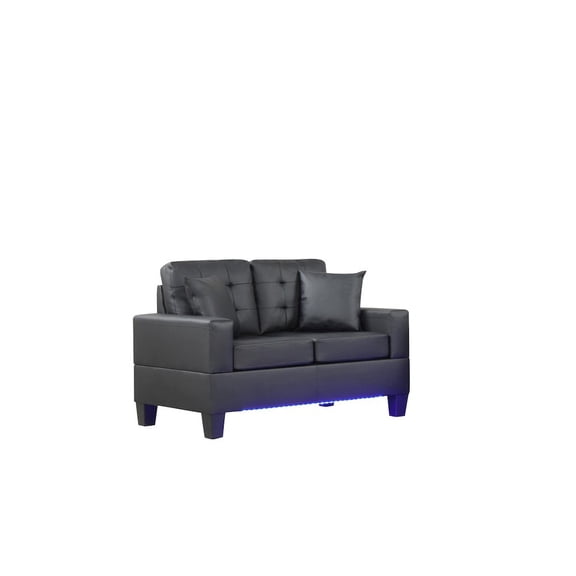 Genesis 55.5"W Black PVC Fabric Loveseat with LED Lights USB Tufted Cushions