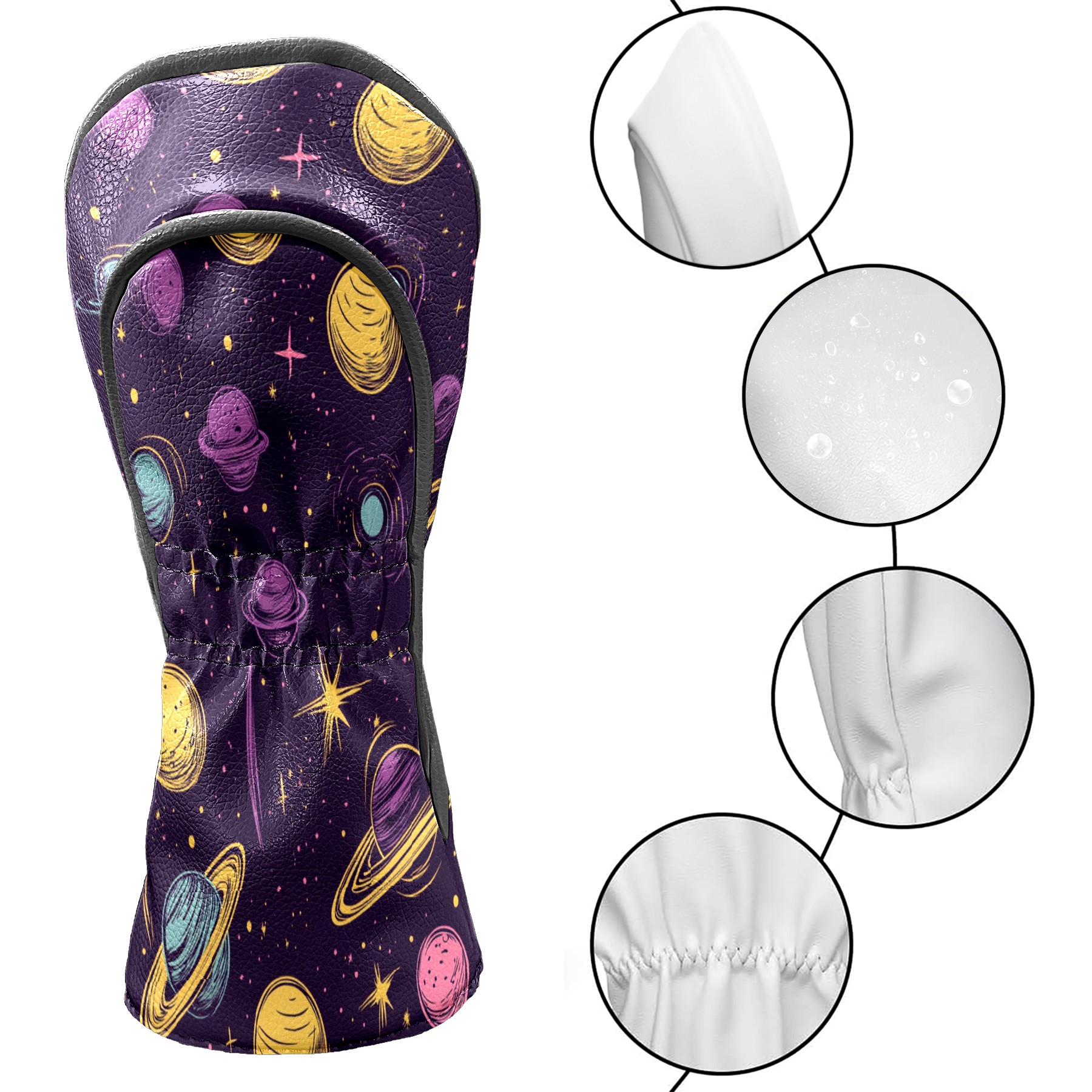 Golf Club Covers PU Leather Waterproof Head Covers for Fairway Woods Hybrids Cartoon Planet Pattern
