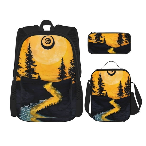 Disketp Sunset River Pine Trees Mochila Estampada de Gran Capacidad con Lonchera y Estuche, Set de 3 Piezas para Estudiantes