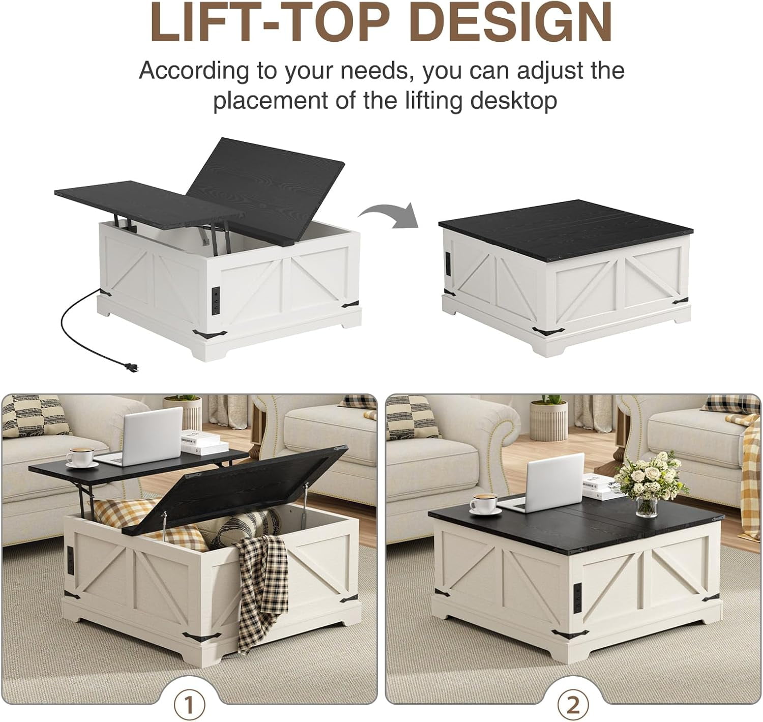 VEANERWOOD 35.4" Lift Top Coffee Table, Farmhouse Wood Square Center Table with Storage & Charging Station Hidden Compartment for Living Room, Home Office