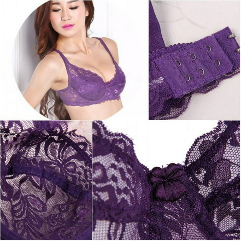 Promotion Clearance Women Sexy Underwear Brand Lace Minimizer Padded Lace  Sheer Push Up Bra Purple 90B 