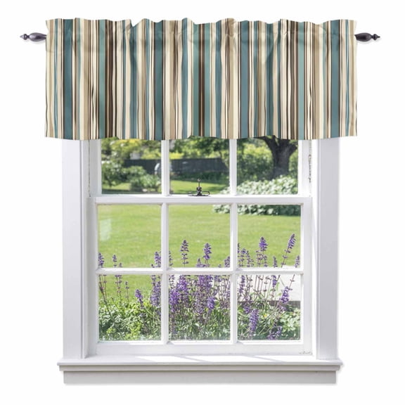 Boho Teal Stripes Kitchen Curtain Valances for Windows Farmhouse Short Curtains, Bohemian Vertical Striped Geometric Rod Pocket Valance Curtain for Bedroom Cafe Living Room 54"x18"