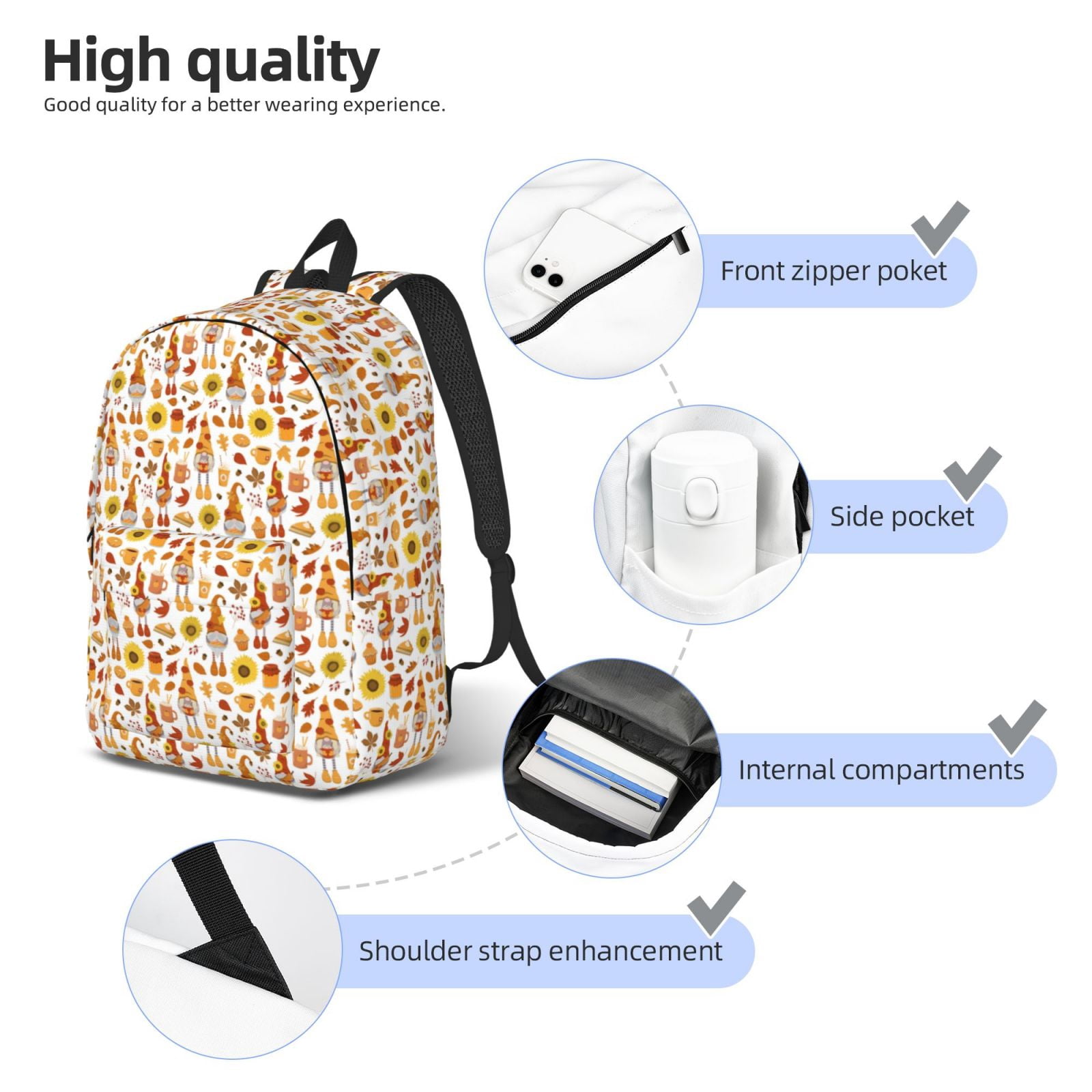 Xecao Gnomes Autumn Harvest for Canvas College Laptop Backpack, Durable Rucksack Travel Notebook Bag School Backpack Book Bag for Men Women