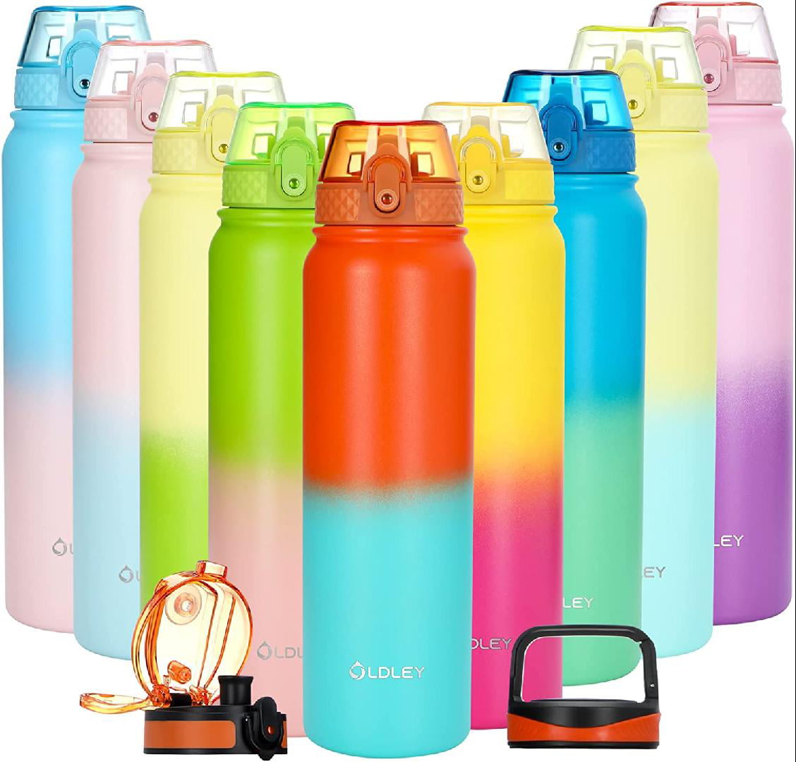 Blue Insulated Water Bottles - Includes 3 Lids (Straw Lid, Spout/Chug,  Carabiner handle), Leakproof - 32 oz Water Bottle, Capri Blue - by ONEbottle