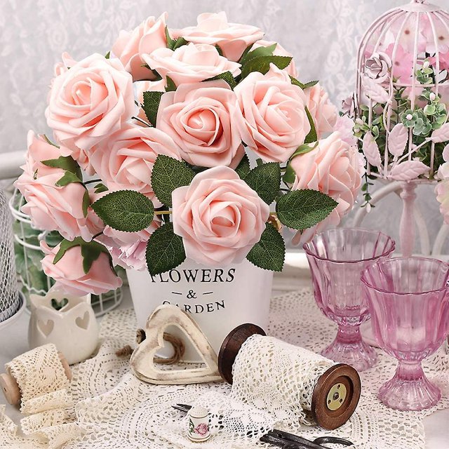 25 piezas de flores de rosas artificiales, rosas rosadas de rubor, espuma de tacto real, rosa falsa a granel con tallo para ramos de boda, centros de mesa, fiesta de despedida de soltera, hogar Di ZefeiWu 8390614869424