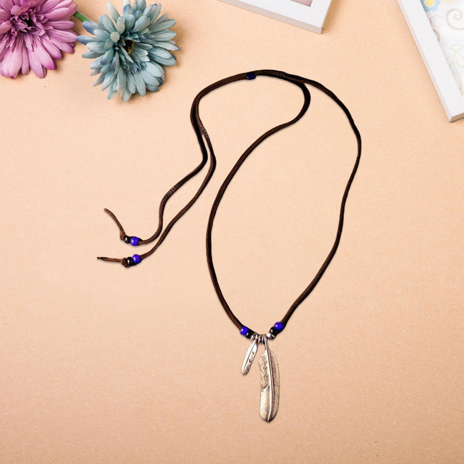 QccHieUs Feather Pendant Necklace Adjustable PU Leather Cord Jewelry Tribal Feather Charm normal
