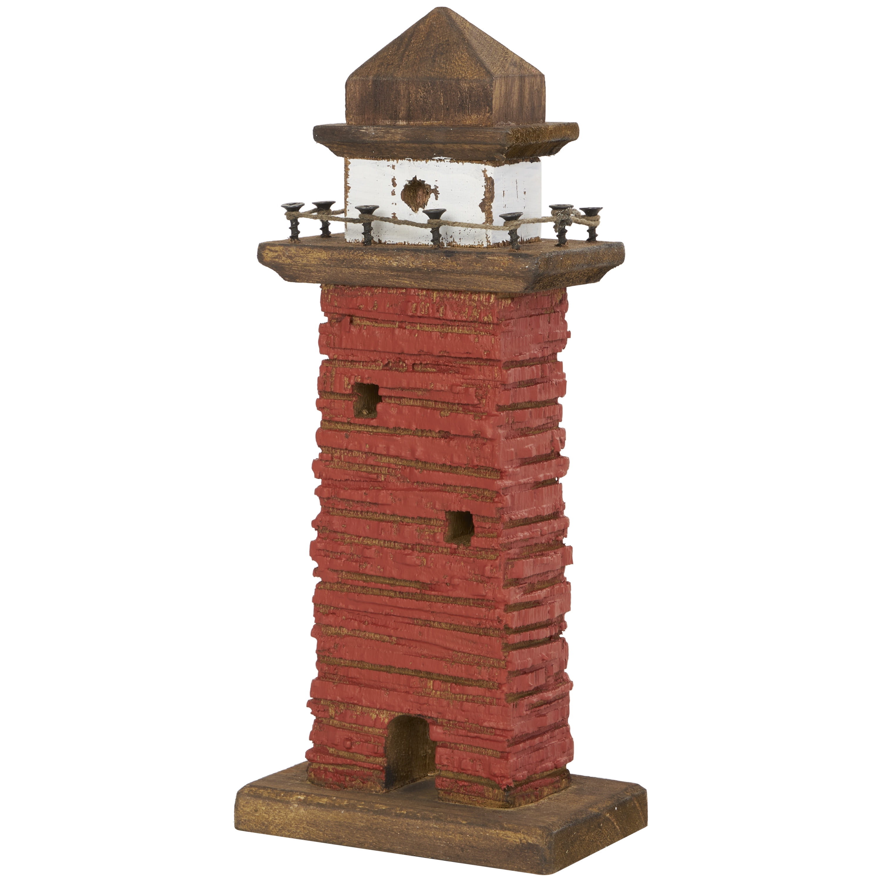 5"W, 10"H Red Wood Distressed Light House Sculpture with Blue and Brown Accents, by DecMode (2 Count)