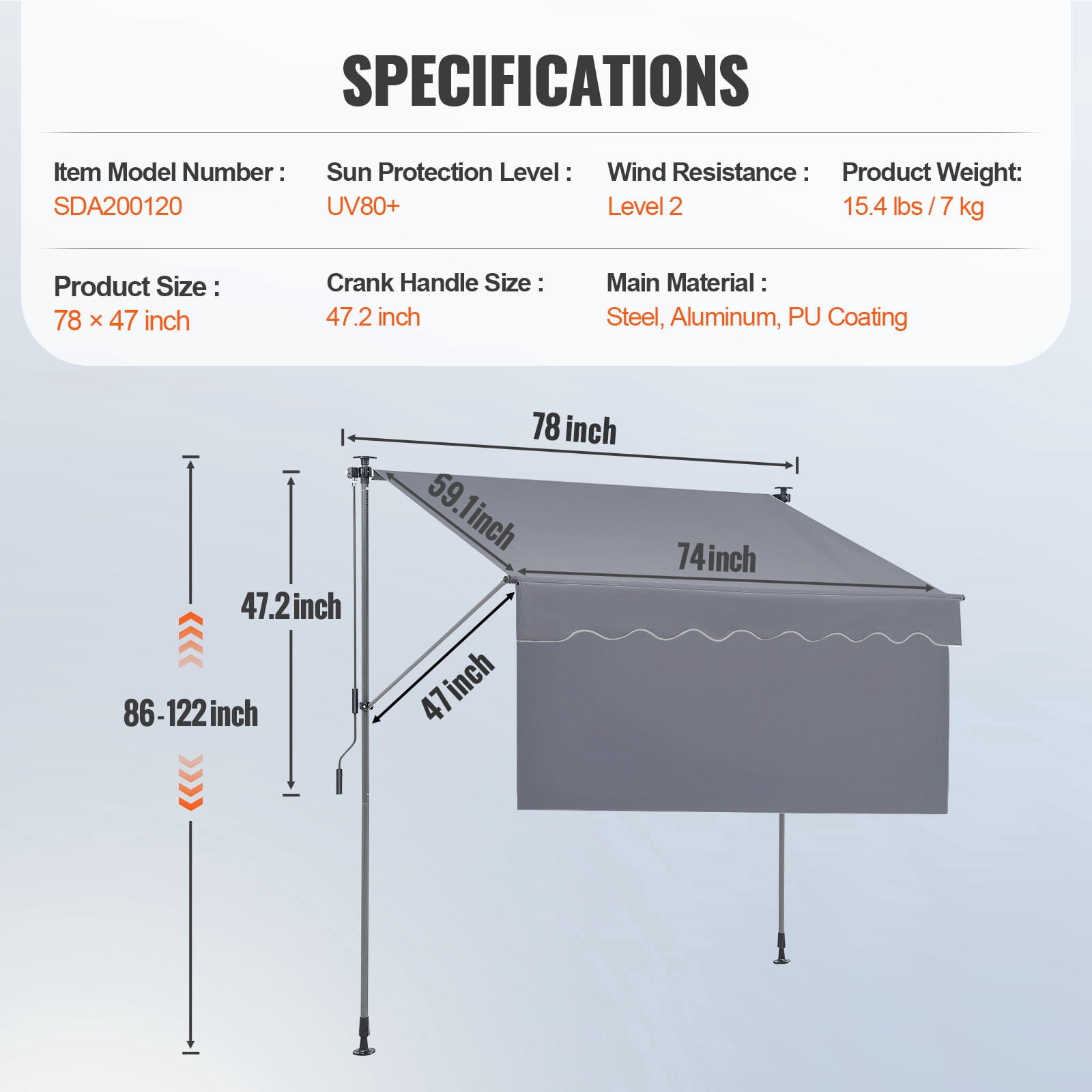 KFFKFF Hand-Operated Sunshade, 78" Exterior Pull-Out Terrace Sun Protection Cover, Modifiable Porch Door Window Shade with 39" Sun Block Curtain for Outdoor Space, Lawn, Veranda