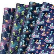 12 Sheet Alien Wrapping Paper Gift Wrap Paper Bulk Folded Flat UFO Outer Space Saucer Man Print Art Paper for Alien Theme Birthday Party, 19.7 x 27.6 Inch