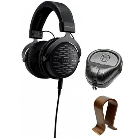 BeyerDynamic 250 Ohm Open Studio Headphones (710490) with Slappa HardBody PRO Full Sized Headphone Case Black & Universal Wood Headphone Stand